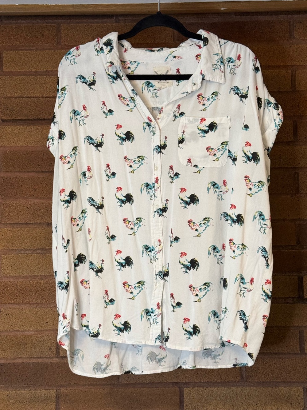 Womens White Rooster Print Button-Up Shirt
